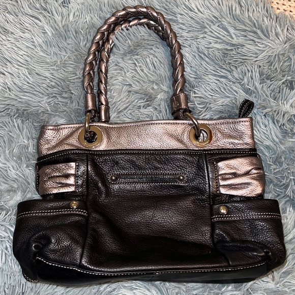 B Makowsky Leather Satchel Black & Silver Hobo Bag - Picture 3 of 7